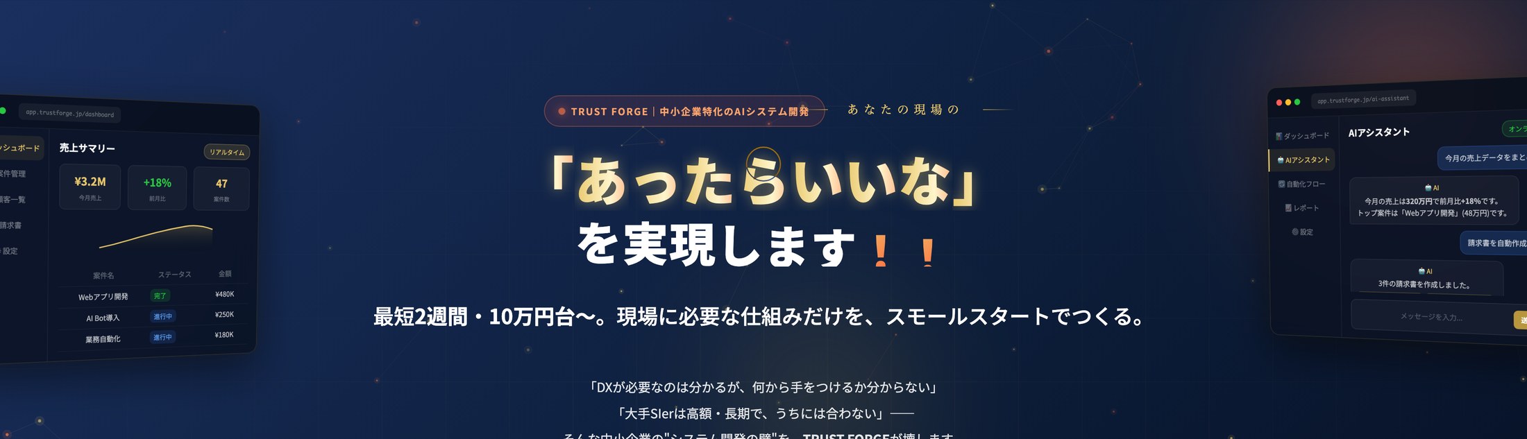 TRUST FORGE｜中小企業特化のAIシステム開発 —「あったらいいな」を実現します。最短2週間・10万円台〜、現場に必要な仕組みだけをスモールスタートでつくる。